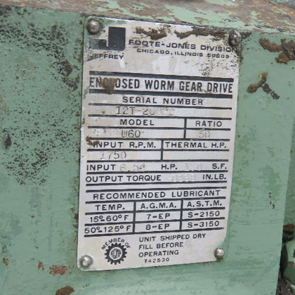 Foote-Jones U60 Enclosed Worm Gear Reducer 50:1 Ratio 1750 RPM