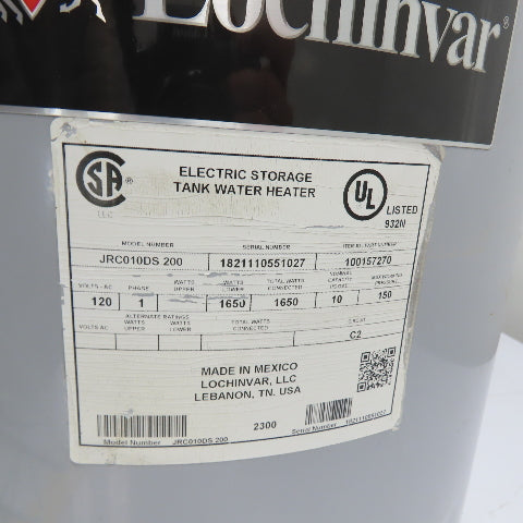 Lochinvar JRC010DS 200 Electric Water Heater 10 Gal 120V 1650W 1Ph