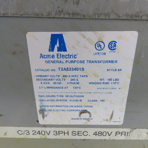 Acme T2A533401S 9KVA General Purpose Transformer 3Ph 480V Pri 120/240V Sec