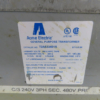 Acme T2A533401S 9KVA General Purpose Transformer 3Ph 480V Pri 120/240V Sec