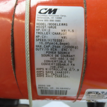 CM Lodestar Model RRS 2Ton 4000LB Electric Chain Hoist 20'Lift 16FPM 230/460 3Ph