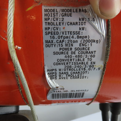 CM Lodestar Model RRS 2Ton 4000LB Electric Chain Hoist 20'Lift 16FPM 230/460 3Ph