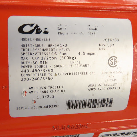 CM Lodestar Model F 1/2 Ton Electric Chain Hoist 20' Lift 16FPM 230/460 3Ph