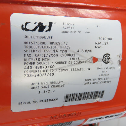 CM Lodestar Model F 1/2Ton 1000LB Electric Chain Hoist 20'Lift 16FPM 230/460 3Ph