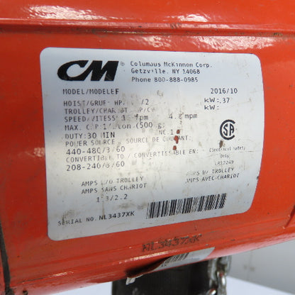 CM Lodestar Model F 1/2Ton 1000LB Electric Chain Hoist 20'Lift 16FPM 230/460 3Ph