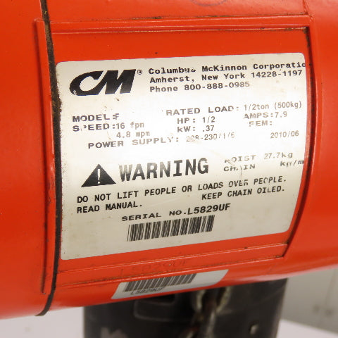 CM Lodestar Model F 1/2Ton 1000LB Electric Chain Hoist 15'Lift 16FPM 230/460 3Ph