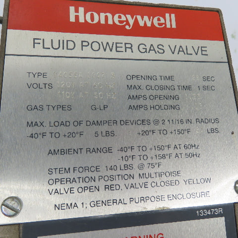 Honeywell V4055A1007 Fluid Power Gas Valve 110/120V 60Hz 26 Sec OT
