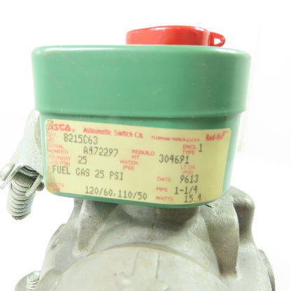 ASCO 8215C63 1-1/4" NPT Solenoid Valve 120V Fuel Gas 25 PSI