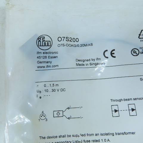 ifm electronic O7S200 Through-Beam Photoelectric Sensor Transmitter 10-30VDC M8