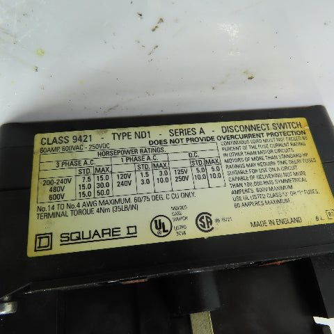 Square D 9421 Type ND1 60A Safety Disconnect Switch 600VAC 250VDC