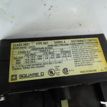 Square D 9421 Type ND1 60A Safety Disconnect Switch 600VAC 250VDC