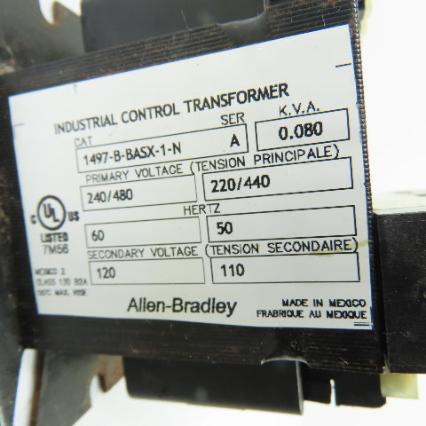 Allen-Bradley 1497-B-BASX-1-N 0.080 KVA Transformer 240/480v Pri 220/440V Sec