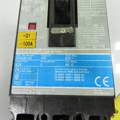 Siemens ED63B100 Sentron Series Circuit Breaker 100A 600V 3-Pole ED6