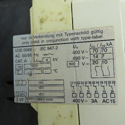 Siemens 3VF3111-6BS31-0AA0 100A 3-Pole Circuit Breaker Panel Operator 600VAC