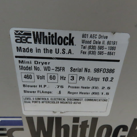 Whitlock WD-25FR Mini Dehumidifying Desiccant Air Dryer 460V 3Ph Tested