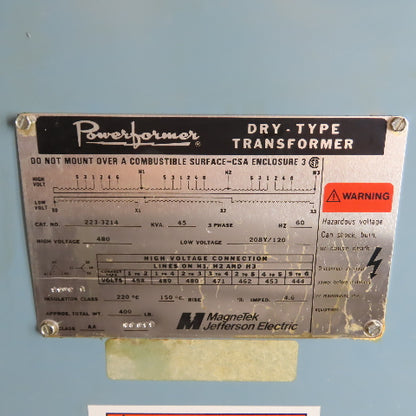 MagneTek Jefferson 223-3214 45 KVA Transformer 480V Pri 208Y/120V Sec 3Ph