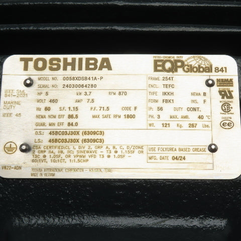 Toshiba 0058XDSB41A-P 5HP 3.7kW Electric Motor 460V 3Ph 870RPM 254T Frame