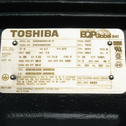 Toshiba 0058XDSB41A-P 5HP 3.7kW Electric Motor 460V 3Ph 870RPM 254T Frame