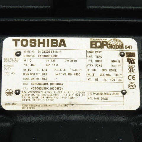 Toshiba 0102XDSB41A-P 10HP 7.5kW Electric Motor 460V 3Ph 3510RPM 215T Frame
