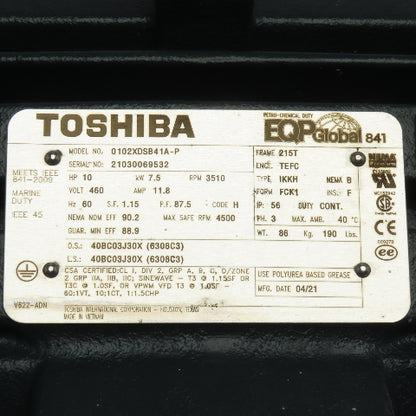 Toshiba 0102XDSB41A-P 10HP 7.5kW Electric Motor 460V 3Ph 3510RPM 215T Frame