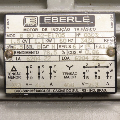 Eberle B 80 A2-E1705 1.5CV 1.1kW Electric Motor 230V/400V 3Ph 3430RPM