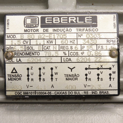 Eberle B 80 A2-E1705 1.5CV 1.1kW Electric Motor 230V/400V 3Ph 3430RPM