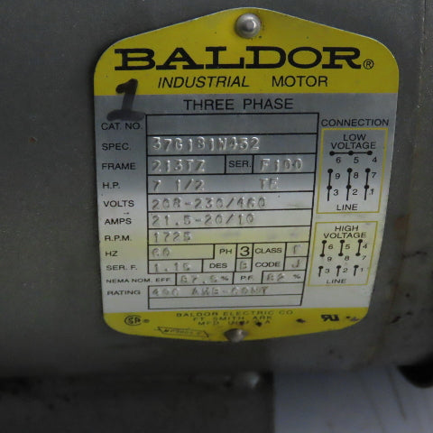Baldor 37G181W452 7.5HP Electric Motor 208-230/460V 1725RPM 213TZ Frame