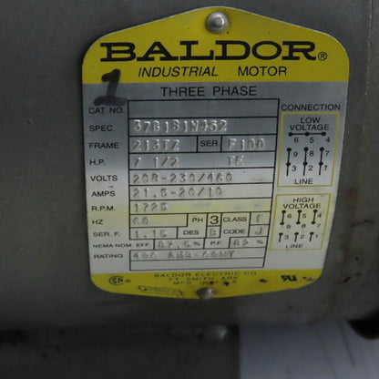 Baldor 37G181W452 7.5HP Electric Motor 208-230/460V 1725RPM 213TZ Frame