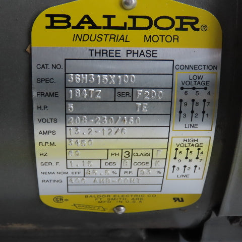 Baldor 36H315X100 AC Electric Motor 5HP 3450RPM 3Ph 184TZ 208-230/460V Tested