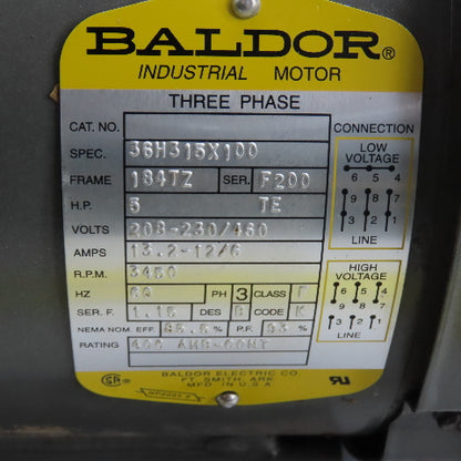 Baldor 36H315X100 AC Electric Motor 5HP 3450RPM 3Ph 184TZ 208-230/460V Tested