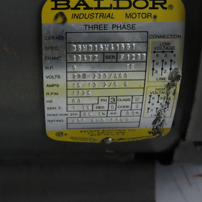 Baldor 36H313W413G1 5HP AC Electric Motor 208-230/460V 3Ph 1725RPM 184TZ Frame