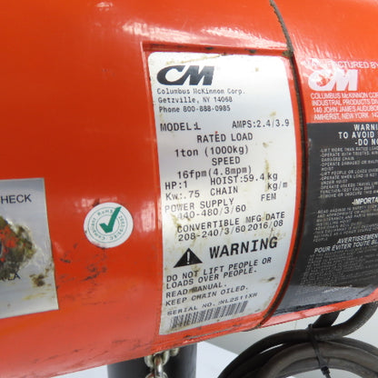 CM Lodestar Model L 1Ton 2000LB Electric Chain Hoist 20'Lift 16FPM 230/460 3Ph