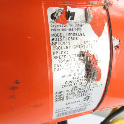 CM Lodestar Model L 1Ton 2000LB Electric Chain Hoist 15'Lift 16FPM 230/460 3Ph