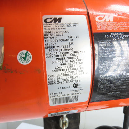 CM Lodestar Model L 1Ton 2000LB Electric Chain Hoist 20'Lift 16FPM 230/460 3Ph
