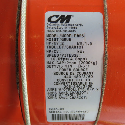 CM Lodestar Model RRS 2Ton 4000LB Electric Chain Hoist 20'Lift 16FPM 230/460 3Ph