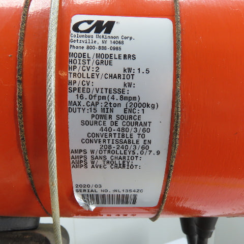 CM Lodestar Model RRS 2Ton 4000LB Electric Chain Hoist 20'Lift 16FPM 230/460 3Ph