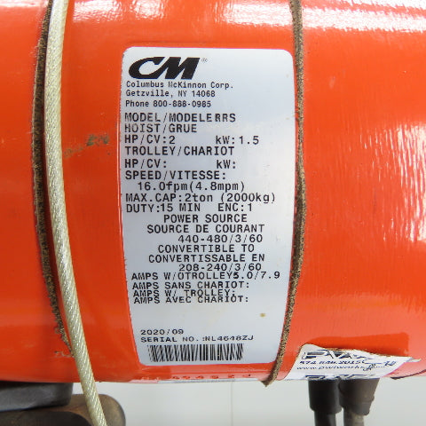 CM Lodestar Model RRS 2Ton 4000LB Electric Chain Hoist 20'Lift 16FPM 230/460 3Ph