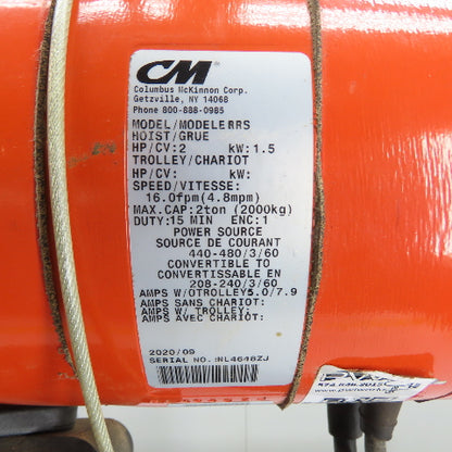 CM Lodestar Model RRS 2Ton 4000LB Electric Chain Hoist 20'Lift 16FPM 230/460 3Ph