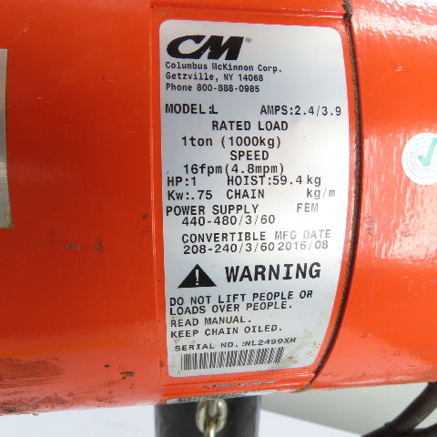CM Lodestar Model L 1Ton 2000LB Electric Chain Hoist 15'Lift 16FPM 230/460 3Ph