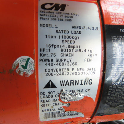 CM Lodestar Model L 1Ton 2000LB Electric Chain Hoist 15'Lift 16FPM 230/460 3Ph