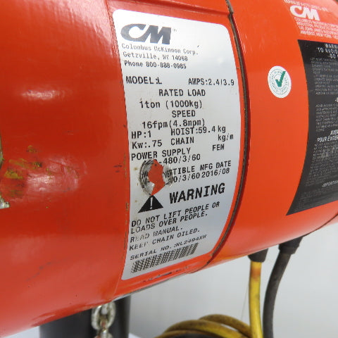 CM Lodestar Model L 1Ton 2000LB Electric Chain Hoist 15'Lift 16FPM 230/460 3Ph
