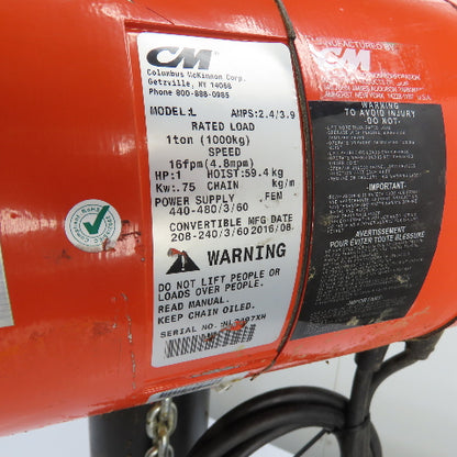 CM Lodestar Model L 1Ton 2000LB Electric Chain Hoist 15'Lift 16FPM 230/460 3Ph