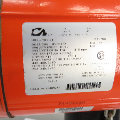 CM Lodestar Model F 1/2Ton 1000LB Electric Chain Hoist 20'Lift 16FPM 230/460 3Ph