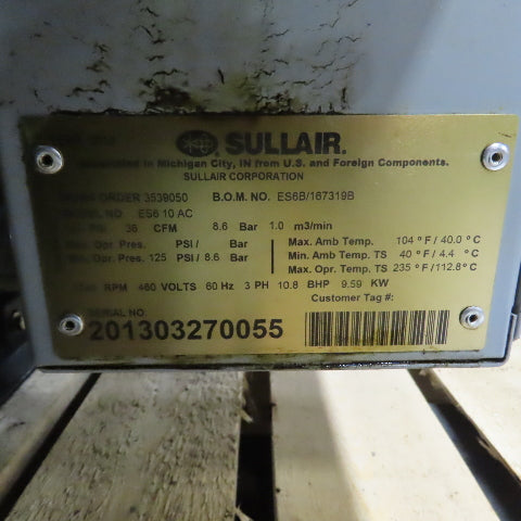 Sullair ES-6 10 AC Rotary Screw Air Compressor 10HP 125PSI 36CFM 460V 3Ph
