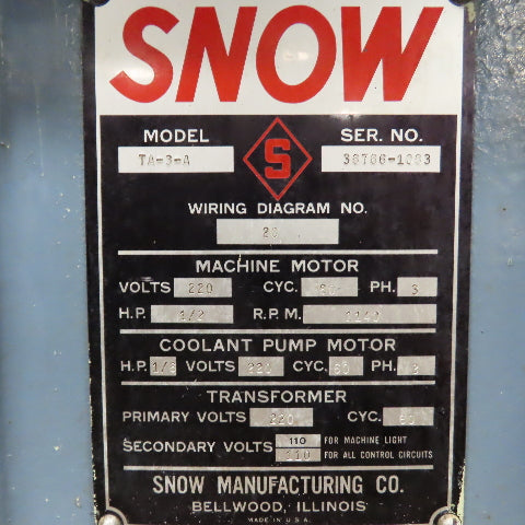 Snow TA-3-A Vertical Tapping Machine 220V 3Ph Tested 12-1/2" Throat