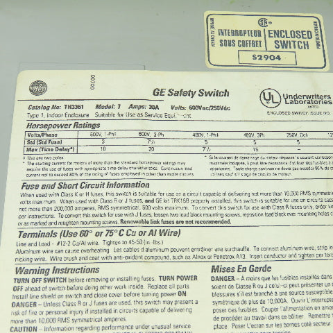 General Electric TH3361 30A Fusible Safety Disconnect Switch 600VAC 250VDC