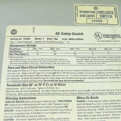 General Electric TH3361 30A Fusible Safety Disconnect Switch 600VAC 250VDC