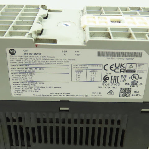Allen-Bradley 25B-D010N104 PowerFlex 525 5HP/4.0kW VFD Drive Ser A FW 7.001
