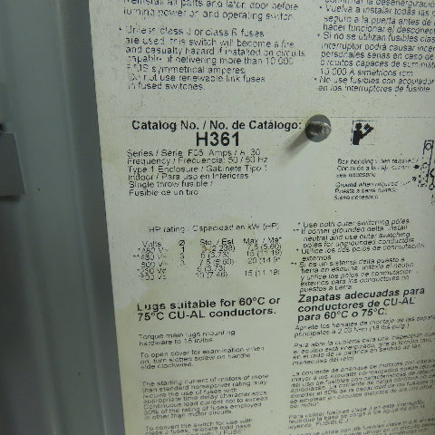 Square D H361 30A 3-Pole Fusible Safety Disconnect Switch 600V