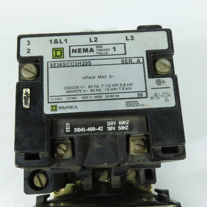Square D 8536SCO3H20S NEMA Size 1 Motor Starter 600V 9-27A Overload 120V Coil